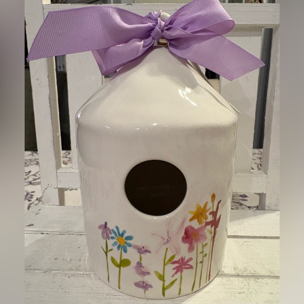 Rae Dunn OG Bloom Cream Birdhouse with Lavender Ribbon